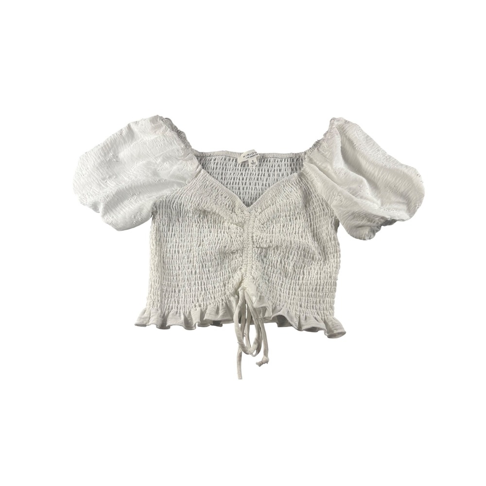 Kirious Los Angeles White Smocked Puff Sleeve Swiss Dot Cinch Crop Top Small